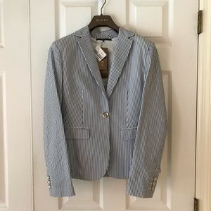 Tailored white and blue striped Gucci jacket